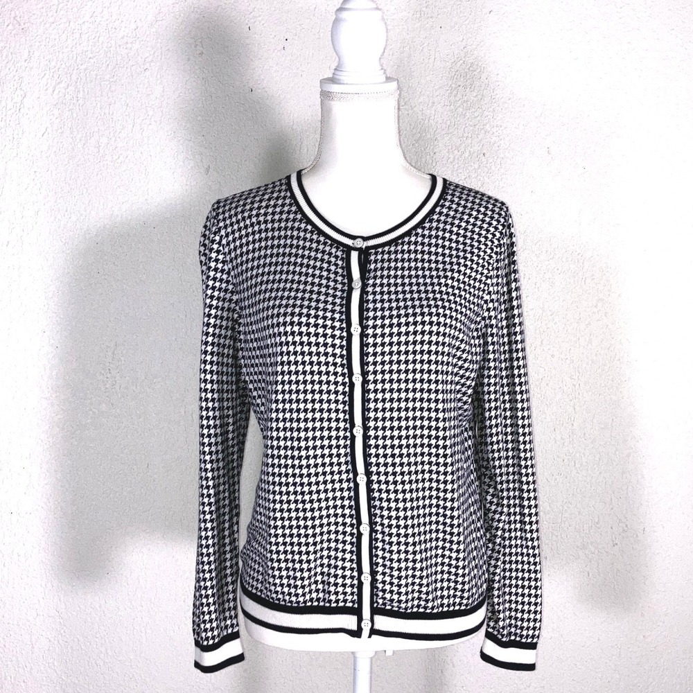 Talbots Petite Houndstooth Cardigan Sweater Black White Cotton Blend LP